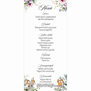 Róka esküvői menükártya virágos és rókás grafikával, egyoldalas