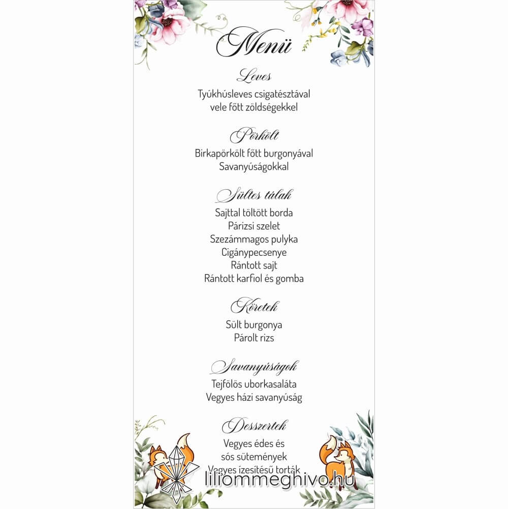 Róka esküvői menükártya virágos és rókás grafikával, egyoldalas