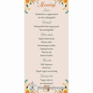 Rókapár esküvői menükártya festett virágos és rókás grafikával, egyoldalas