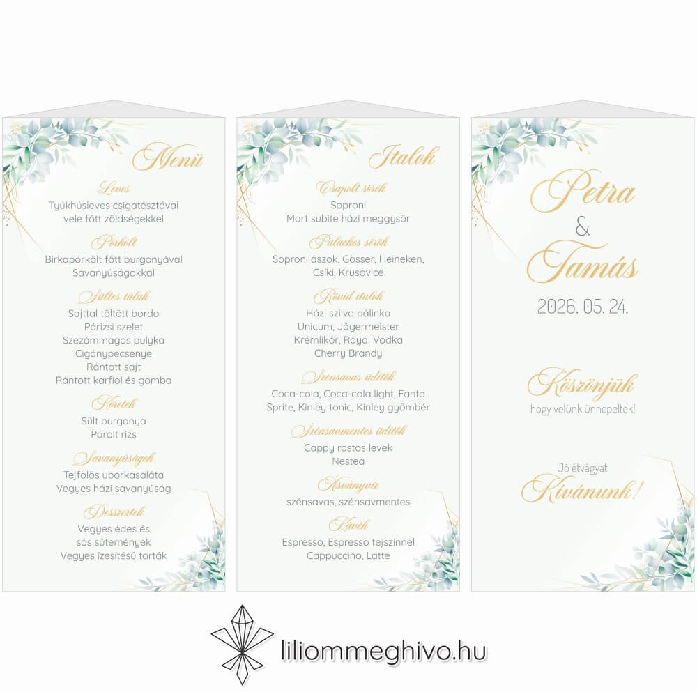 Eukaliptusz esküvői menükártya arany és greenery grafikával, három oldalas