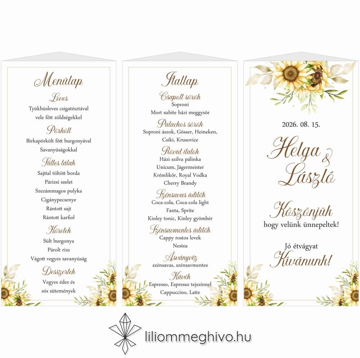 Napraforgó csokor esküvői menükártya sárga virágos grafikával, három oldalas
