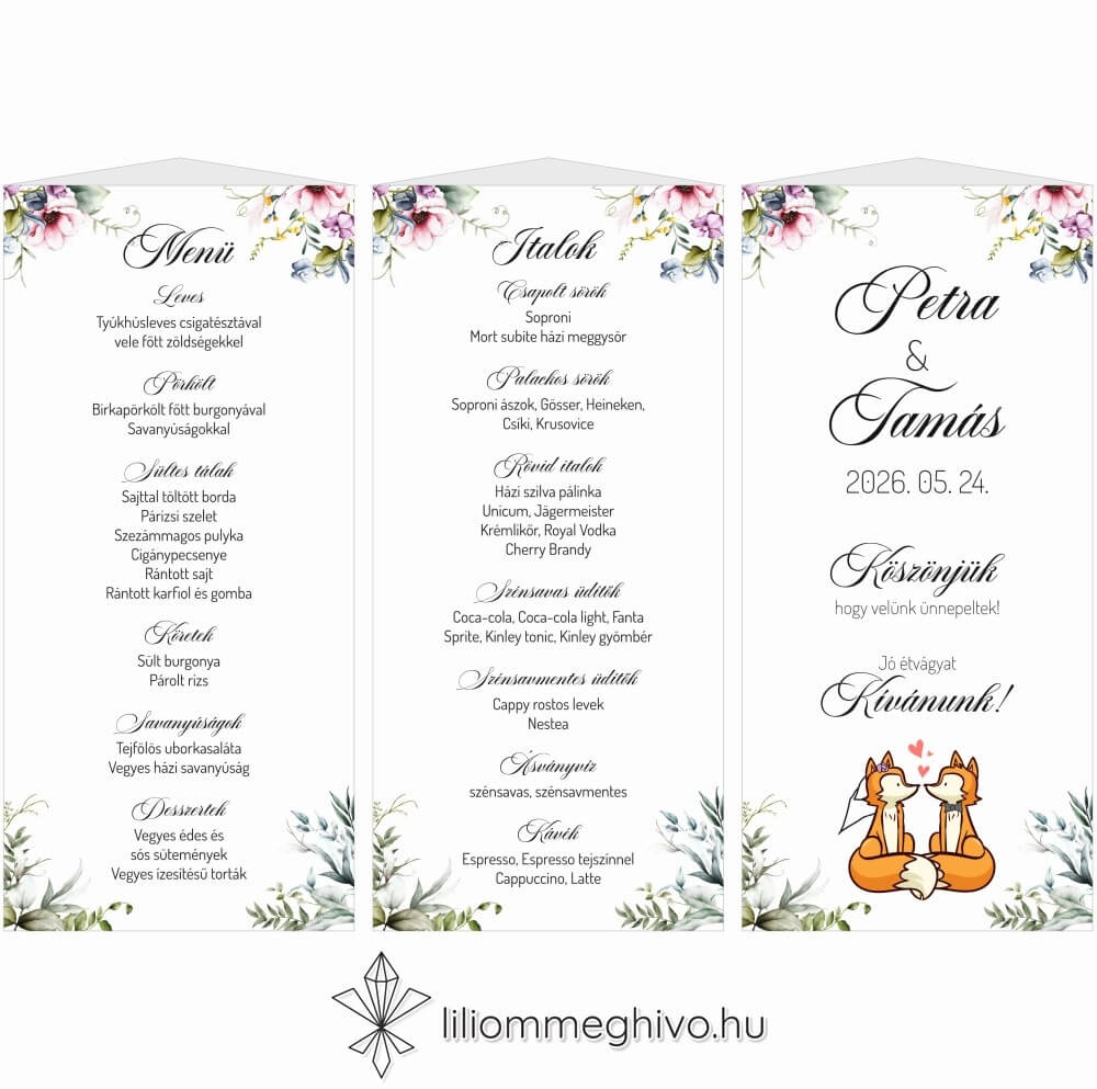 Róka esküvői menükártya virágos és rókás grafikával, három oldalas