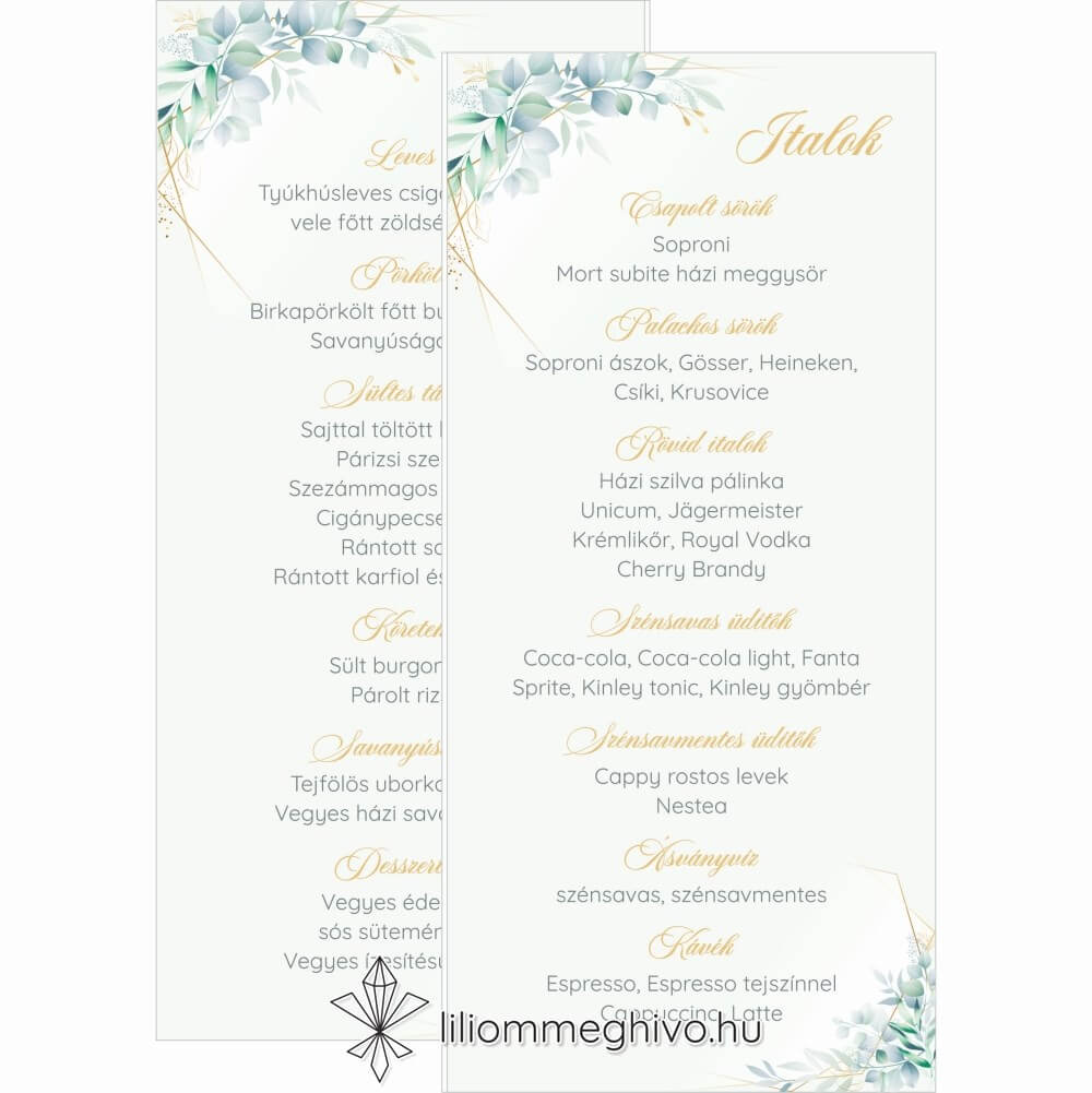 Eukaliptusz esküvői menükártya arany és greenery grafikával, kétoldalas