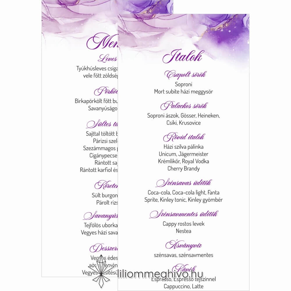 eskuvoi-menukartya-ketoldalas-lilakod-liliommeghivo Lila köd esküvői menükártya lila vízfesték grafikával, kétoldalas