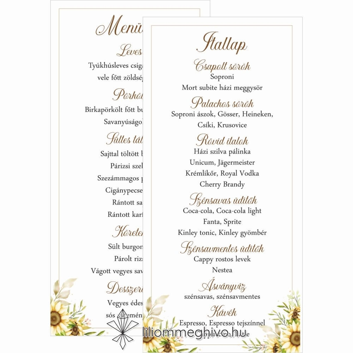 Napraforgó csokor esküvői menükártya sárga virágos grafikával, kétoldalas