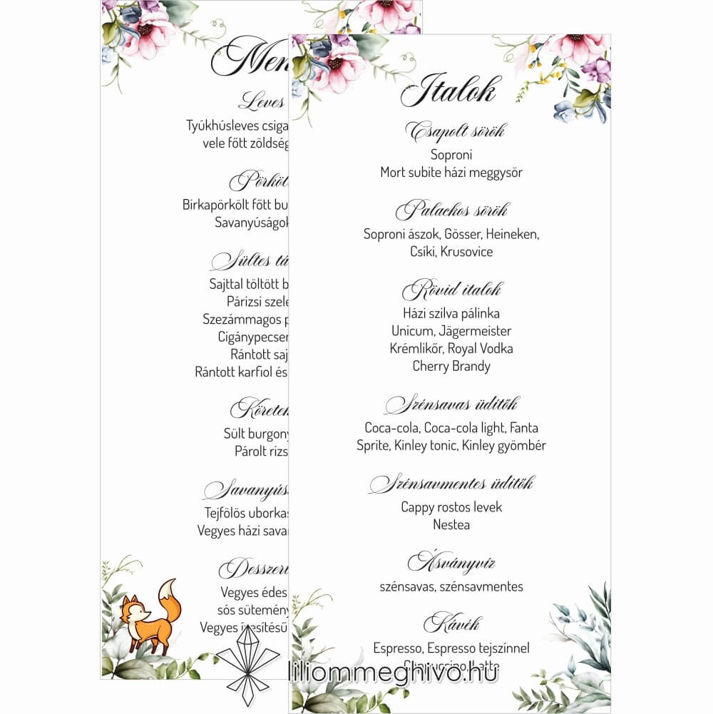 Róka esküvői menükártya virágos és rókás grafikával, kétoldalas