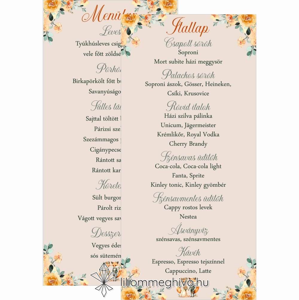 Rókapár esküvői menükártya festett virágos és rókás grafikával, kétoldalas