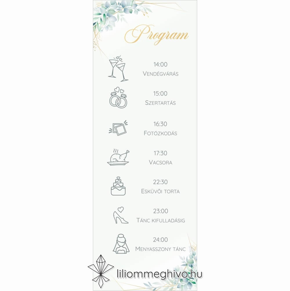 Eukaliptusz esküvői programkártya arany és greenery grafikával, egyoldalas