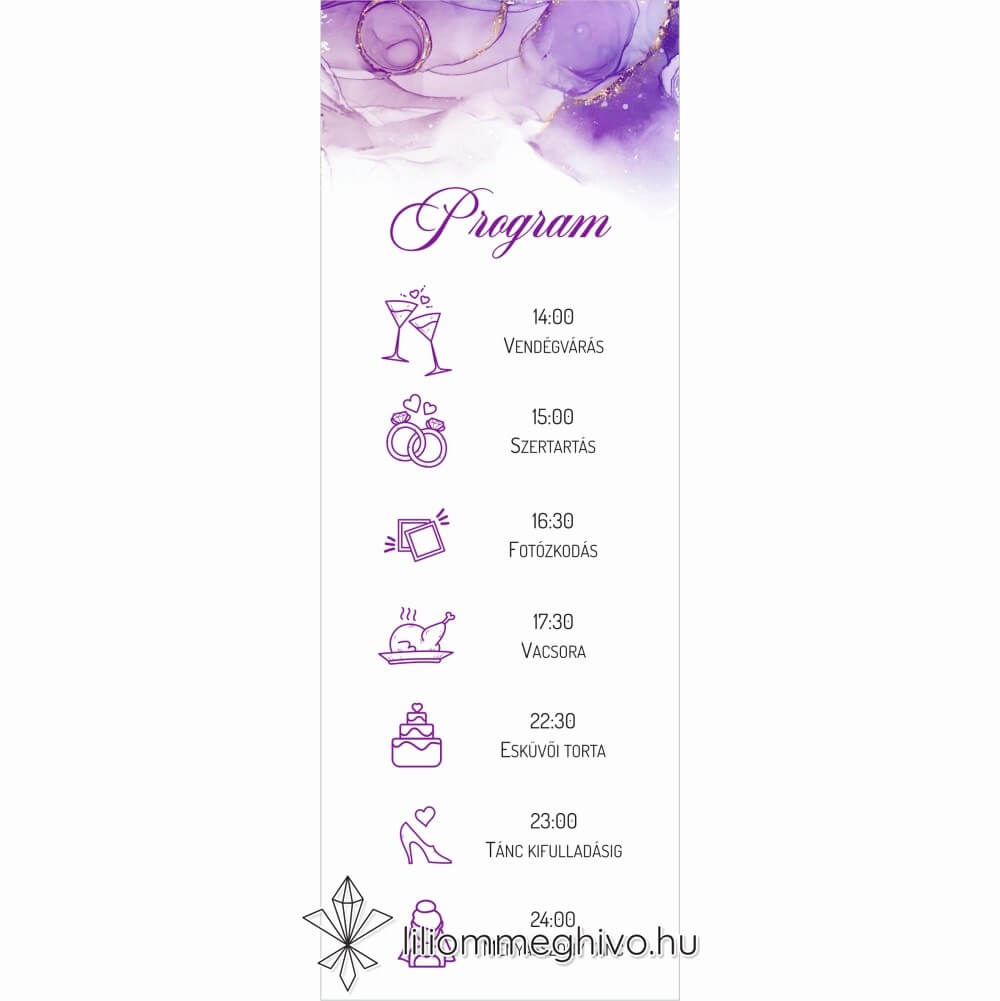 Lila köd esküvői programkártya lila vízfesték grafikával, egyoldalas