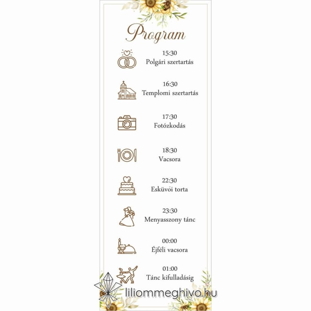 Napraforgó csokor esküvői programkártya sárga virágos grafikával, egyoldalas