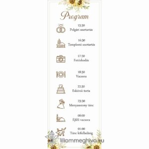 Napraforgó csokor esküvői programkártya sárga virágos grafikával, egyoldalas