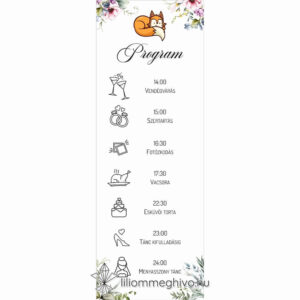 Róka esküvői programkártya virágos és rókás grafikával, egyoldalas