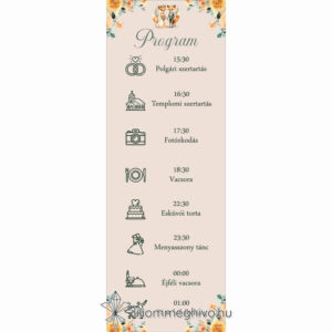 Rókapár esküvői programkártya festett virágos és rókás grafikával, egyoldalas