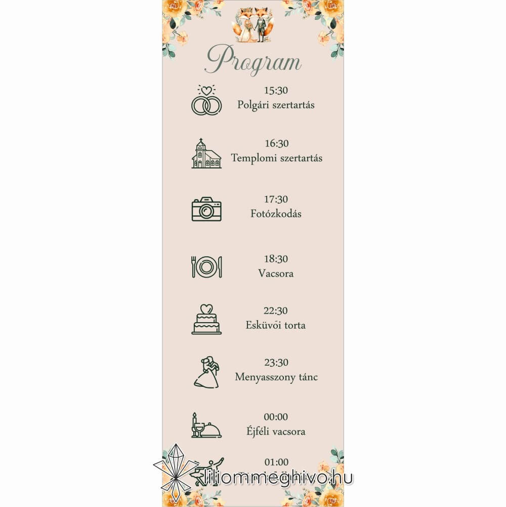 Rókapár esküvői programkártya festett virágos és rókás grafikával, egyoldalas