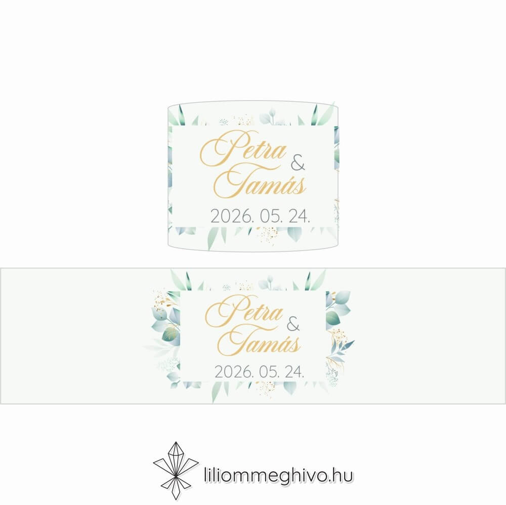 Eukaliptusz esküvői szalvétagyűrű arany és greenery grafikával