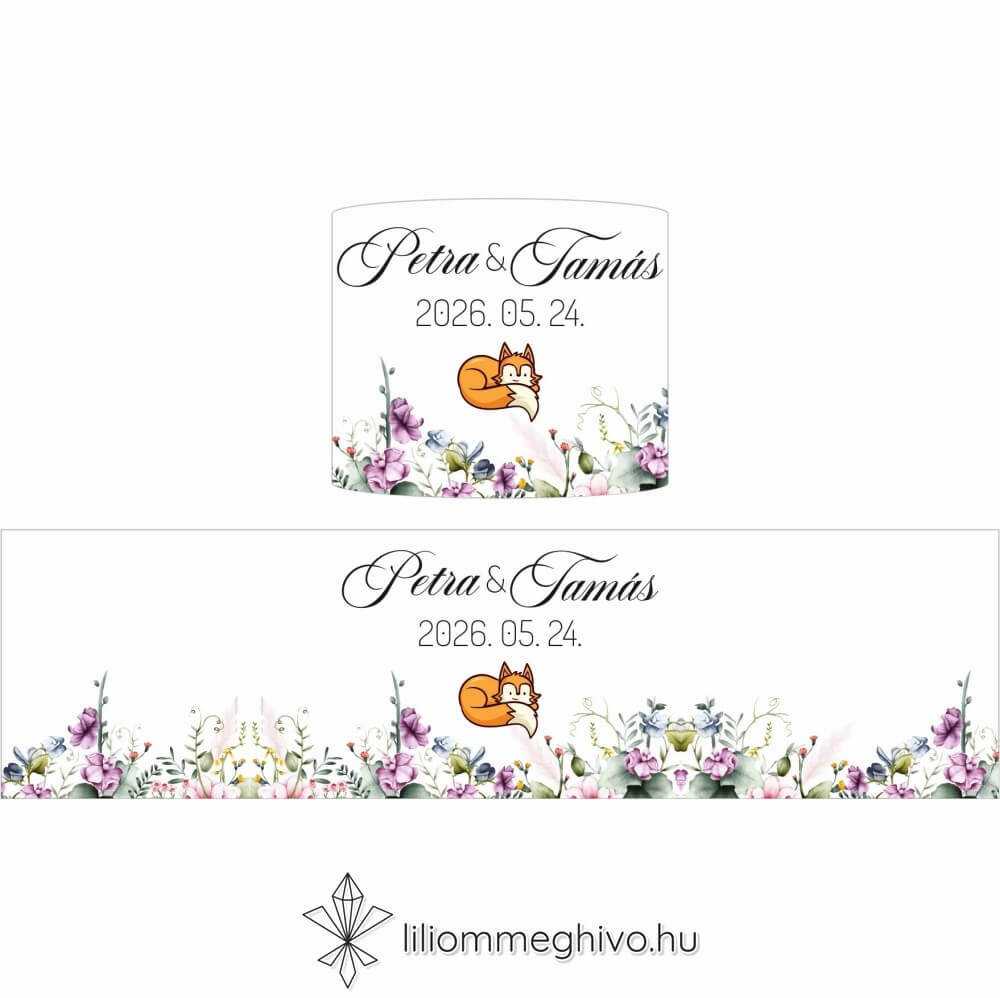 Róka esküvői szalvétagyűrű virágos és rókás grafikával
