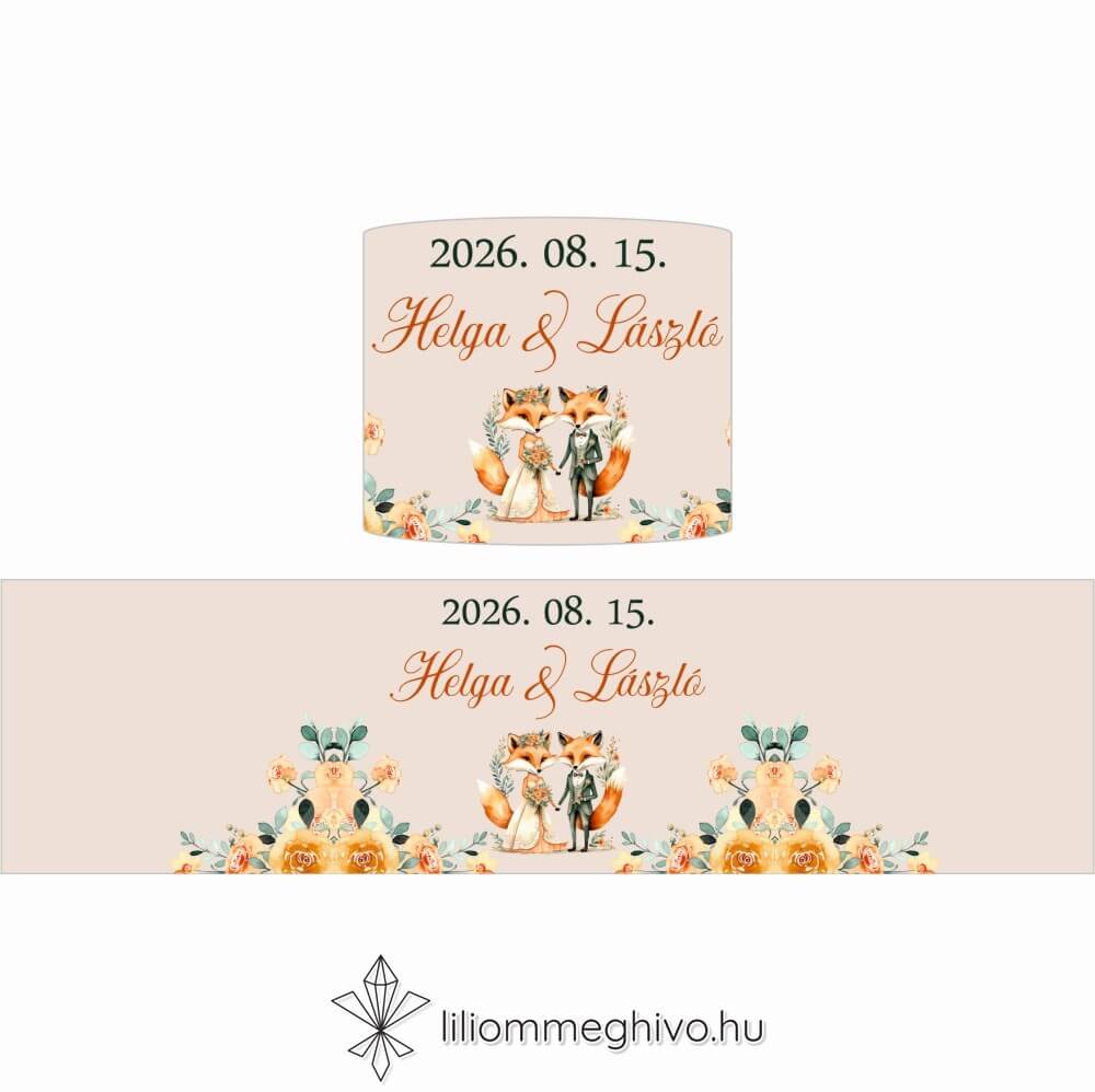 Rókapár esküvői szalvétagyűrű festett virágos és rókás grafikával