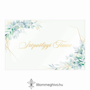 Eukaliptusz esküvői ültetőkártya arany és greenery grafikával, egyoldalas