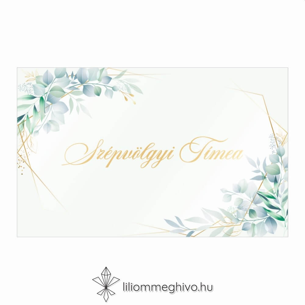 Eukaliptusz esküvői ültetőkártya arany és greenery grafikával, egyoldalas
