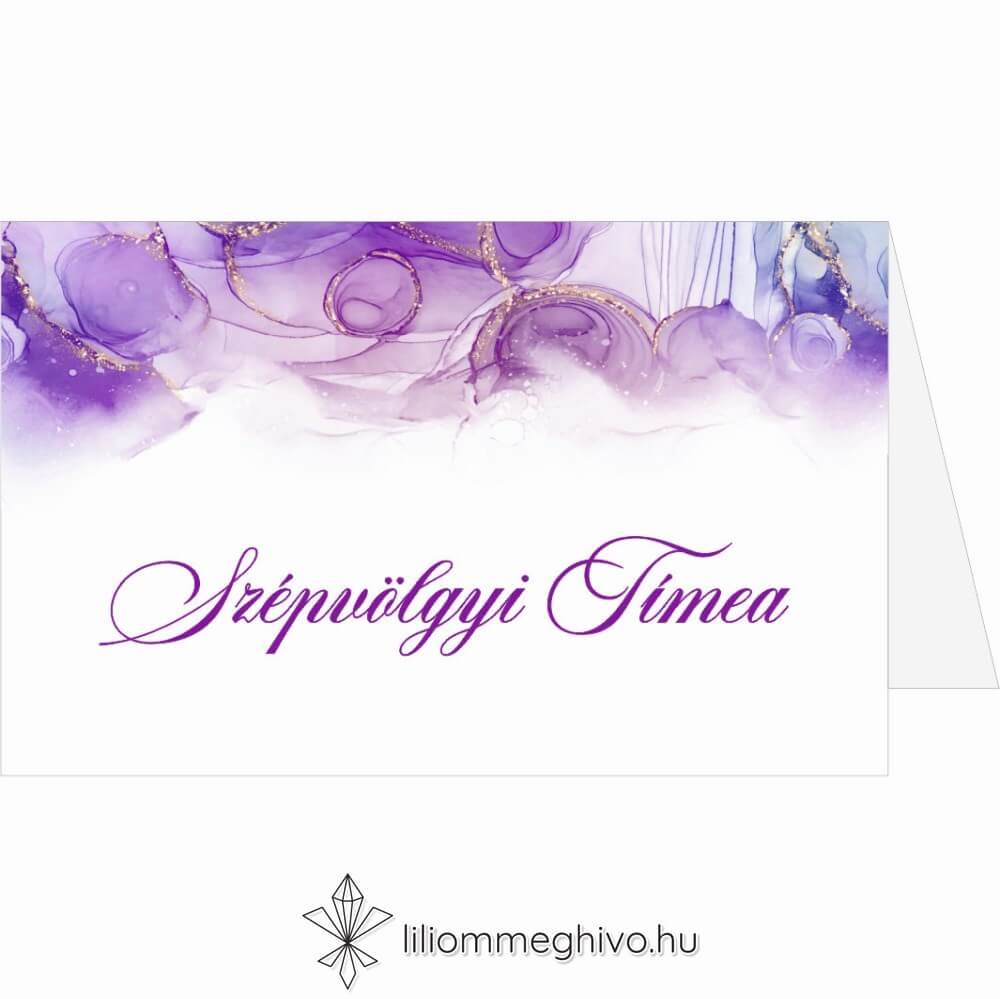 Lila köd esküvői ültetőkártya lila vízfesték grafikával, kétoldalas