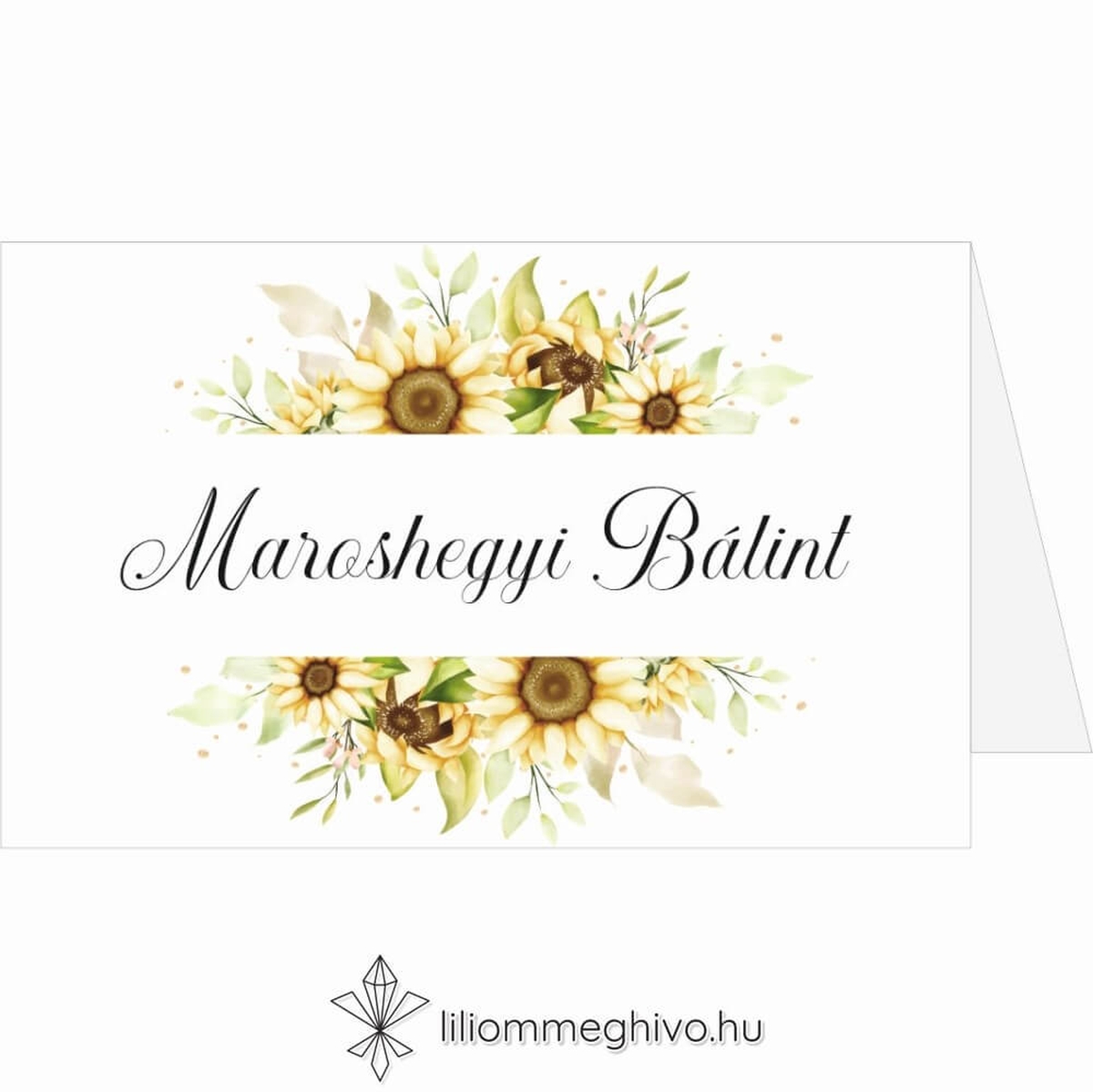 Napraforgó csokor esküvői ültetőkártya sárga virágos grafikával, kétoldalas