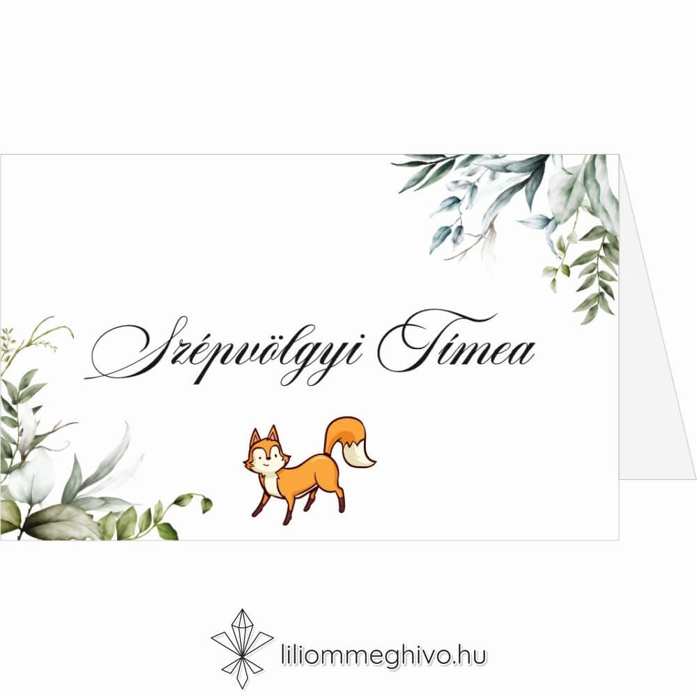Róka esküvői ültetőkártya virágos és rókás grafikával, kétoldalas