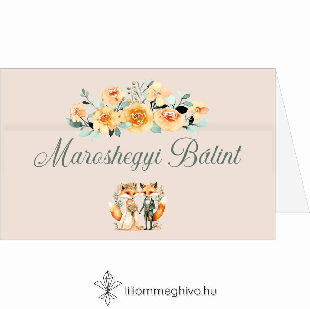 Rókapár esküvői ültetőkártya festett virágos és rókás grafikával, kétoldalas