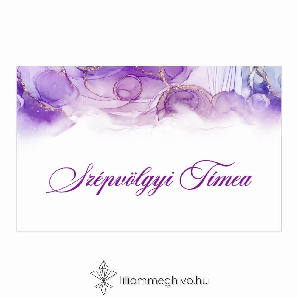 Lila köd esküvői ültetőkártya lila vízfesték grafikával, egyoldalas