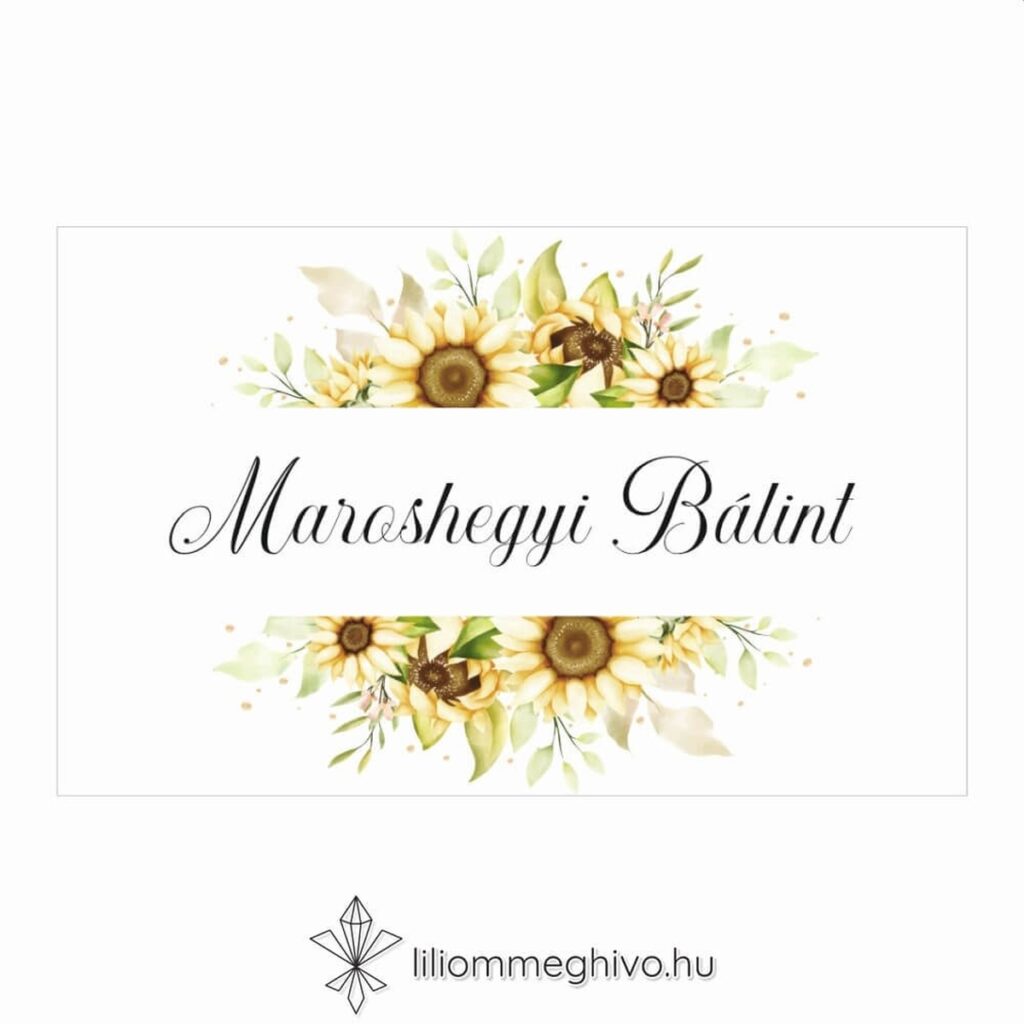 Napraforgó csokor esküvői ültetőkártya sárga virágos grafikával, egyoldalas