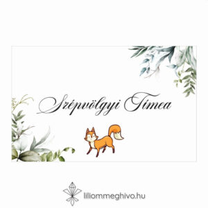 Róka esküvői ültetőkártya virágos és rókás grafikával, egyoldalas
