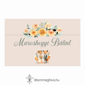 Rókapár esküvői ültetőkártya festett virágos és rókás grafikával, egyoldalas