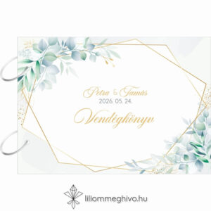Eukaliptusz esküvői vendégkönyv arany és greenery grafikával