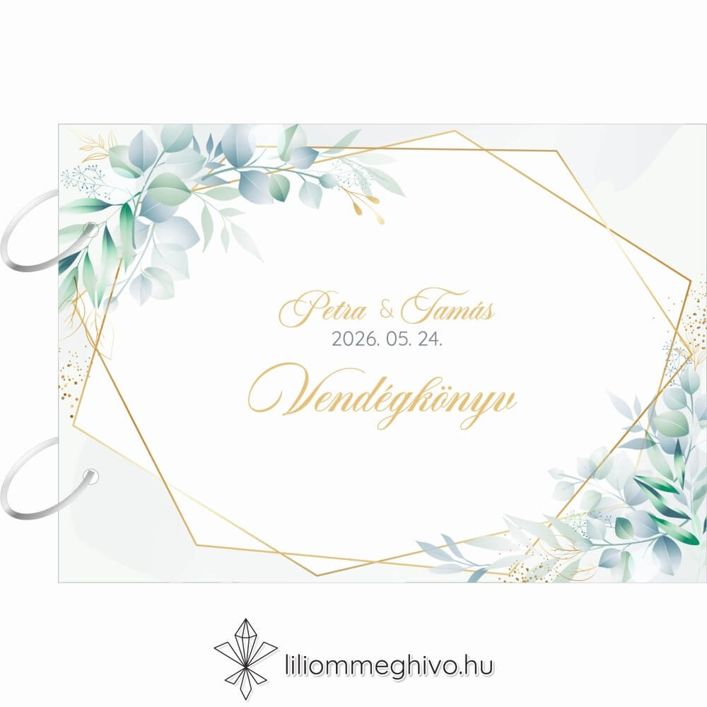 Eukaliptusz esküvői vendégkönyv arany és greenery grafikával