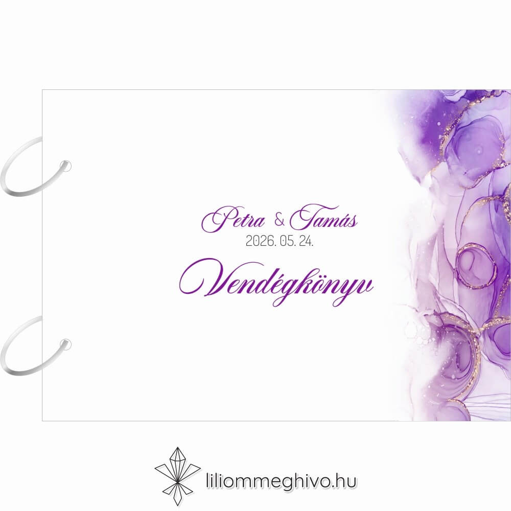 Lila köd esküvői vendégkönyv lila vízfesték grafikával