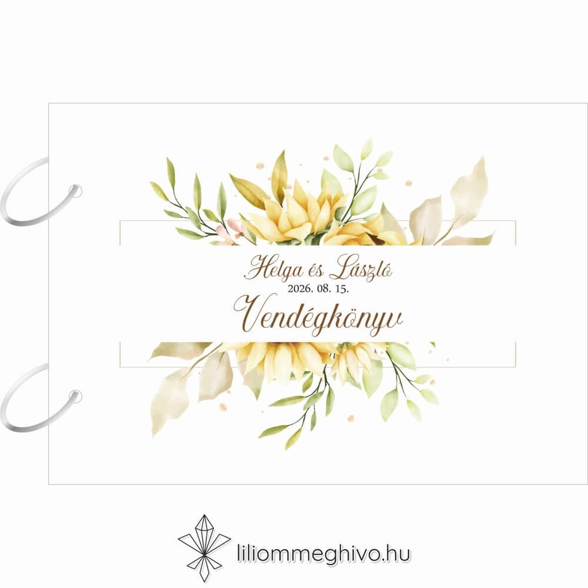 Napraforgó csokorral díszített esküvői vendégkönyv