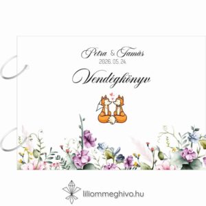 Róka esküvői vendégkönyv virágos és rókás grafikával,