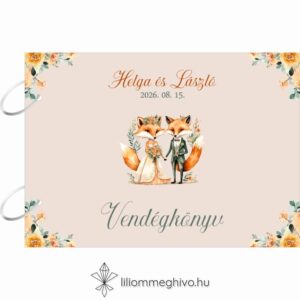 Rókapár esküvői vendégkönyv festett virágos és rókás grafikával