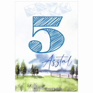 Kéktúra esküvői asztalszám festett papíron turista pecsétre emlékeztető nyomat egyoldalas