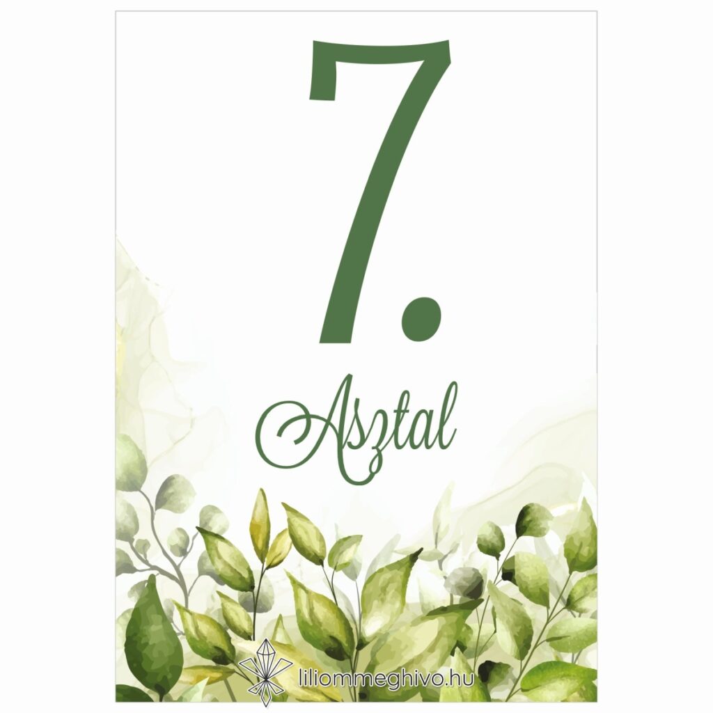 Mező esküvői asztalszám festett zöld virágokkal egyoldalas