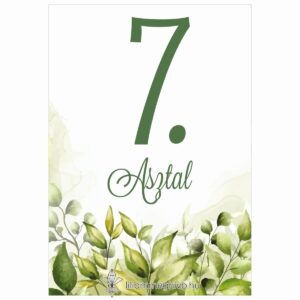 Mező esküvői asztalszám festett zöld virágokkal egyoldalas