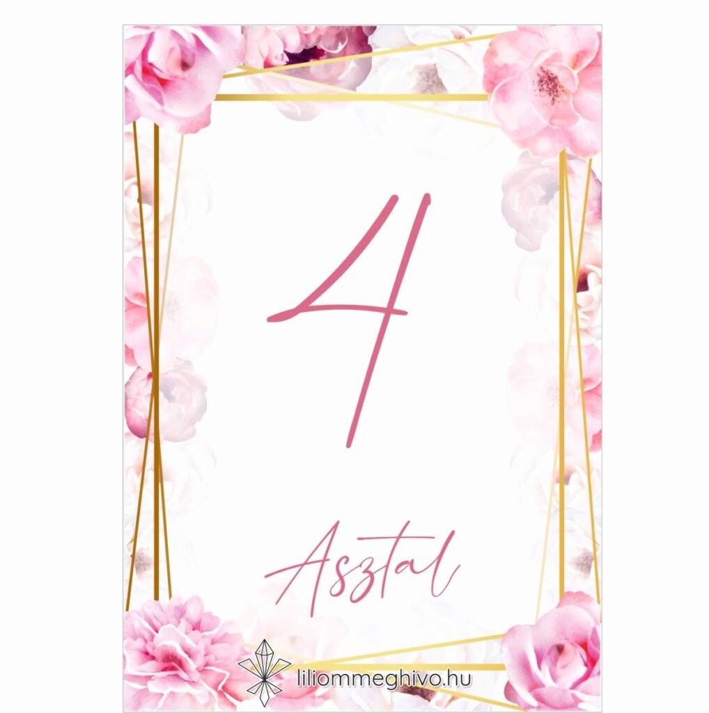 Tükör esküvői asztalszám rózsaszín virágos kerettel egyoldalas