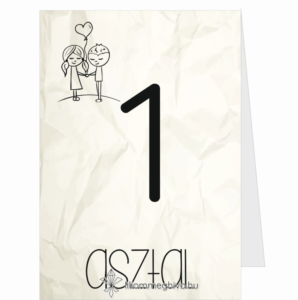 Cetli esküvői asztalszám gyűrt papírra emlékeztető nyomattal és aranyos grafikával kétoldalas