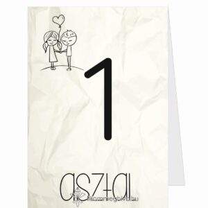 Cetli esküvői asztalszám gyűrt papírra emlékeztető nyomattal és aranyos grafikával kétoldalas