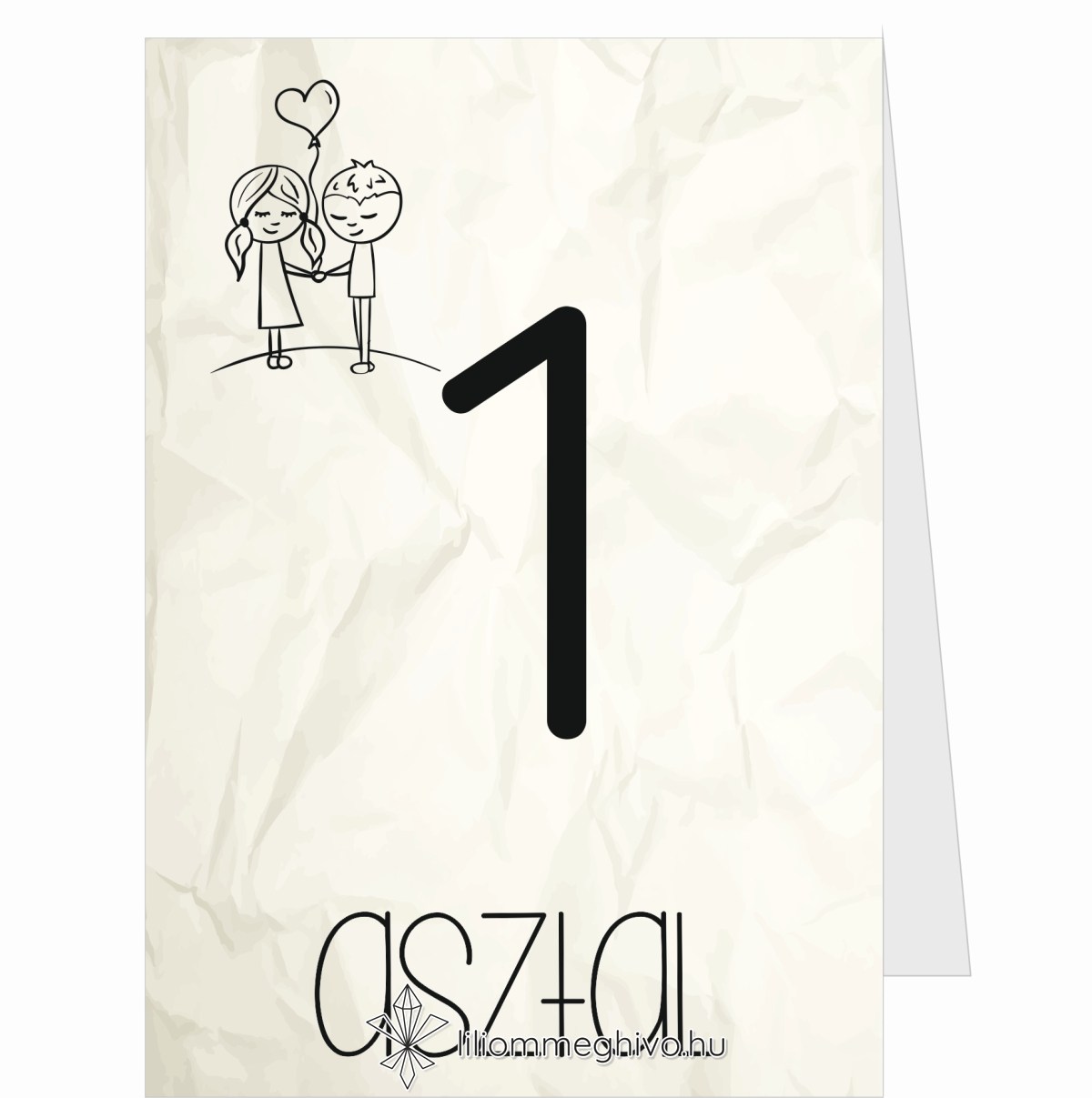 eskuvoi-asztalszam-ketoldalas-cetli-liliommeghivo Cetli esküvői asztalszám gyűrt papírra emlékeztető nyomattal és aranyos grafikával kétoldalas