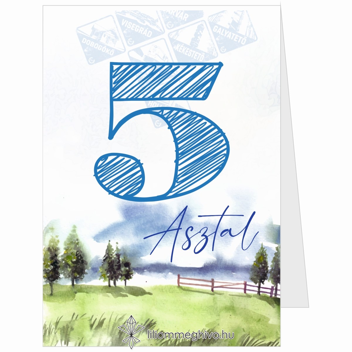 Kéktúra esküvői asztalszám festett papíron turista pecsétre emlékeztető nyomat kétoldalas