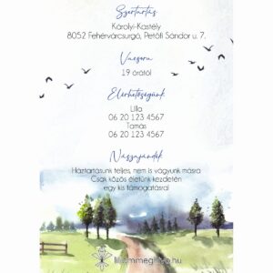 Kéktúra esküvői infókártya festett papíron turista pecsétre emlékeztető nyomat