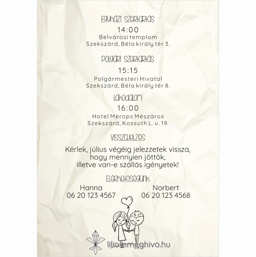 Cetli esküvői infókártya gyűrt papírra emlékeztető nyomattal és aranyos grafikával