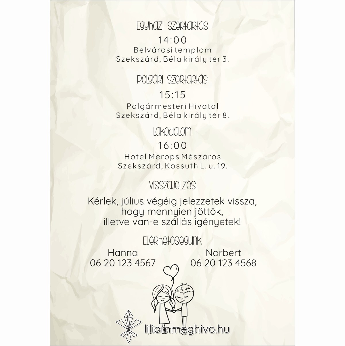 Cetli esküvői infókártya gyűrt papírra emlékeztető nyomattal és aranyos grafikával