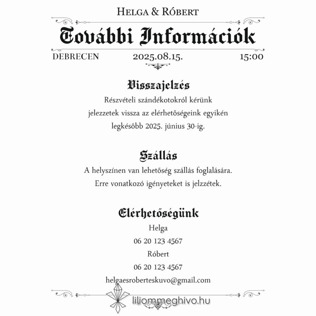 Hírmondó esküvői infókártya újság címlapra emlékeztető mintával