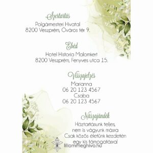 Mező esküvői infókártya festett zöld virágokkal